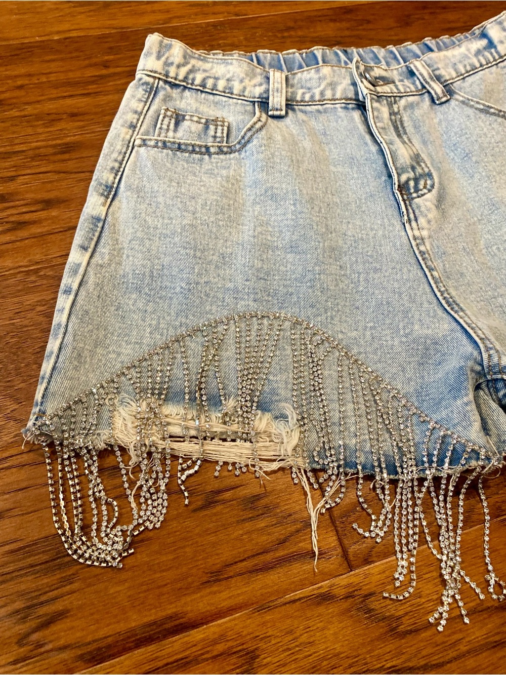 NWOT Savanna Jane‎ Light Blue Denim Shorts with Rhinestone Fringe - Picture 3 of 11